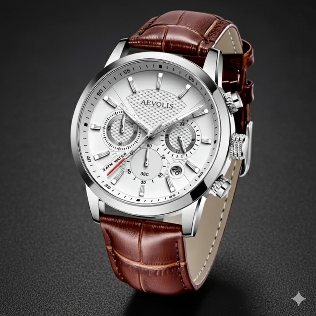 AEVOLIS | Chronographe Sportif Business 2024 – Cuir, Étanche & Calendrier